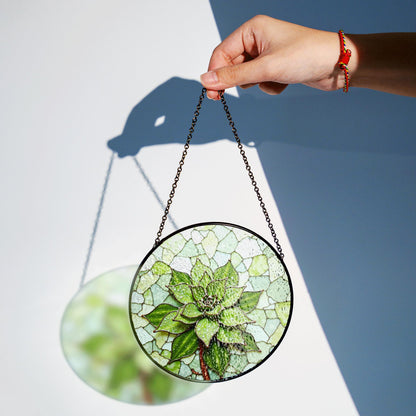 Green succulent art glass round suncatcher plant window decor gift for plant lover or garden mom