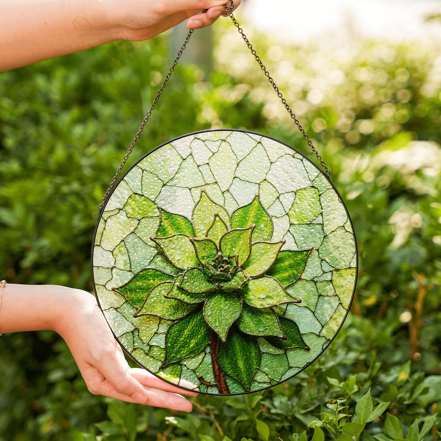 Green succulent art glass round suncatcher plant window decor gift for plant lover or garden mom