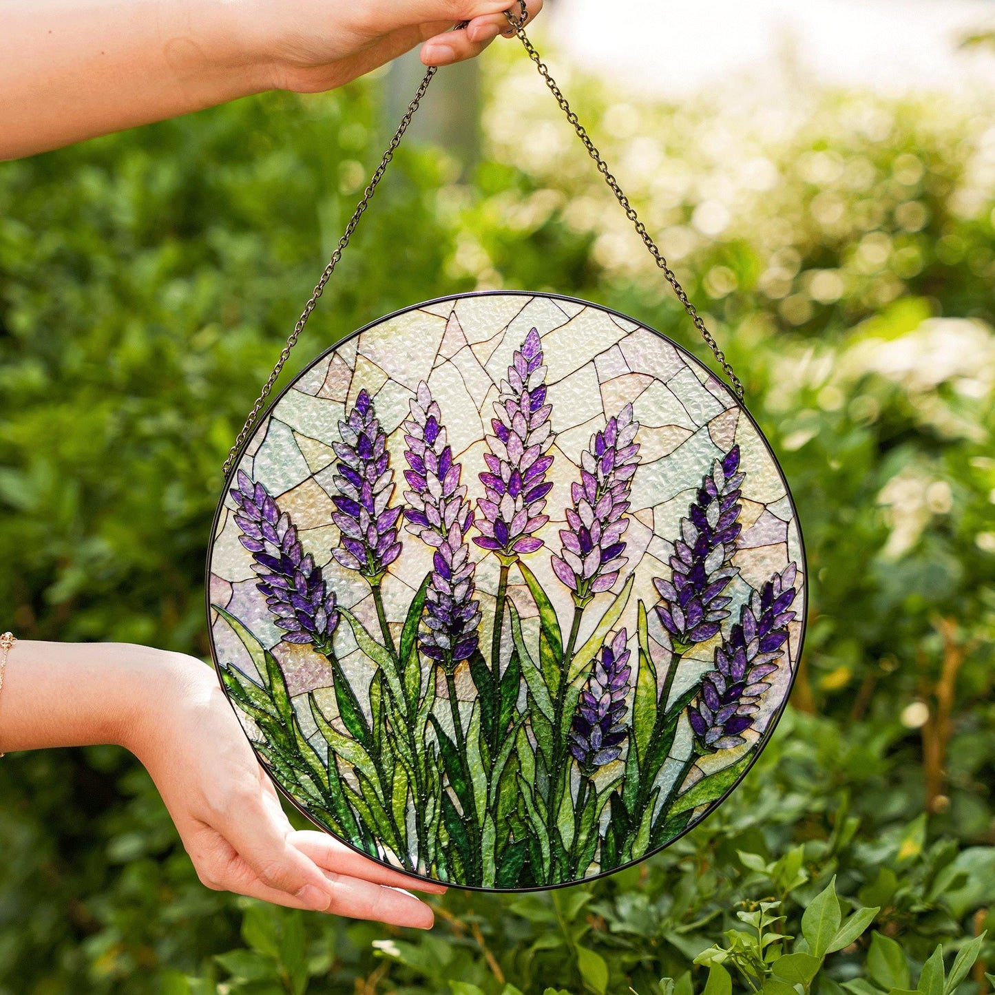 Lavender field bloom round stained glass suncatcher floral window decor gift for garden lover