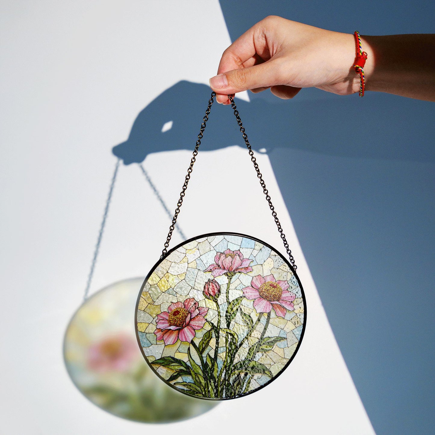 Pink floral stained glass round suncatcher window decor for mom gift