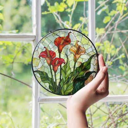 Calla Lily Bloom Round Stained Glass Suncatcher Sunlight Window Art Gift for Garden Lover