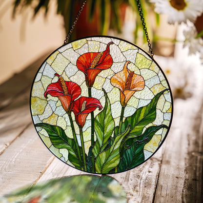 Calla Lily Bloom Round Stained Glass Suncatcher Sunlight Window Art Gift for Garden Lover
