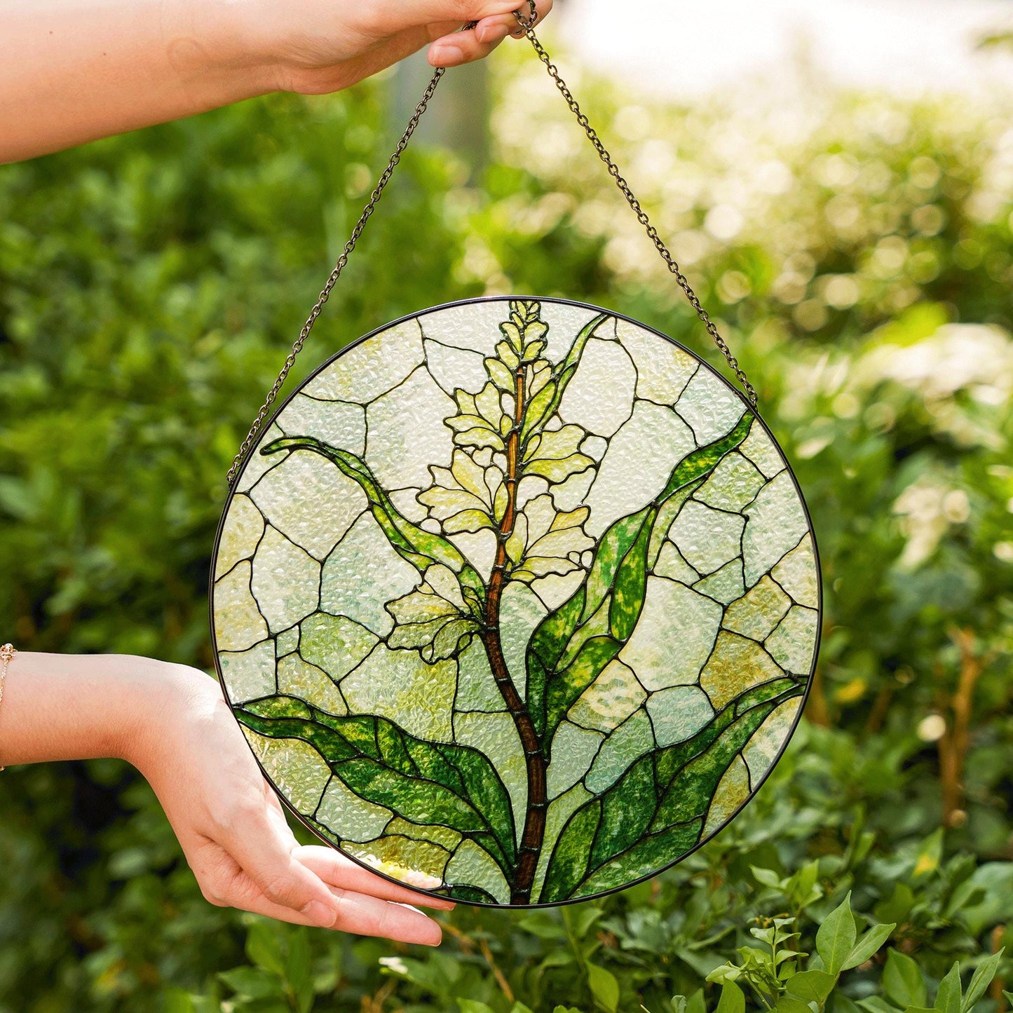 Stained glass lemongrass botanical panel garden suncatcher for plant lover gift