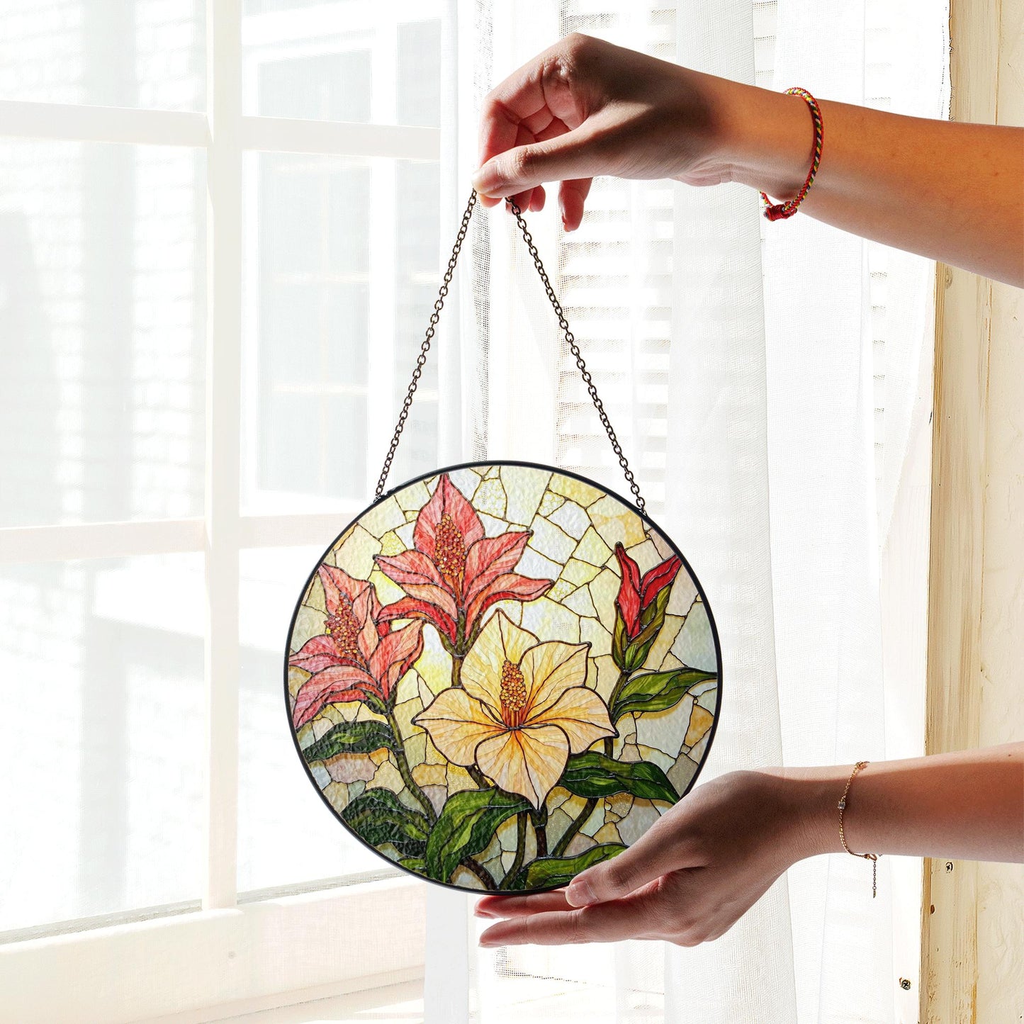 Red lilies and yellow hibiscus floral round stained glass suncatcher gift for garden lovers