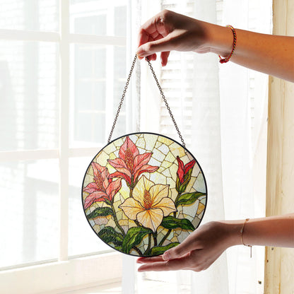 Red lilies and yellow hibiscus floral round stained glass suncatcher gift for garden lovers