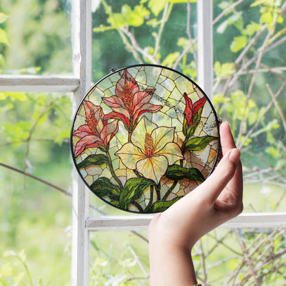 Red lilies and yellow hibiscus floral round stained glass suncatcher gift for garden lovers