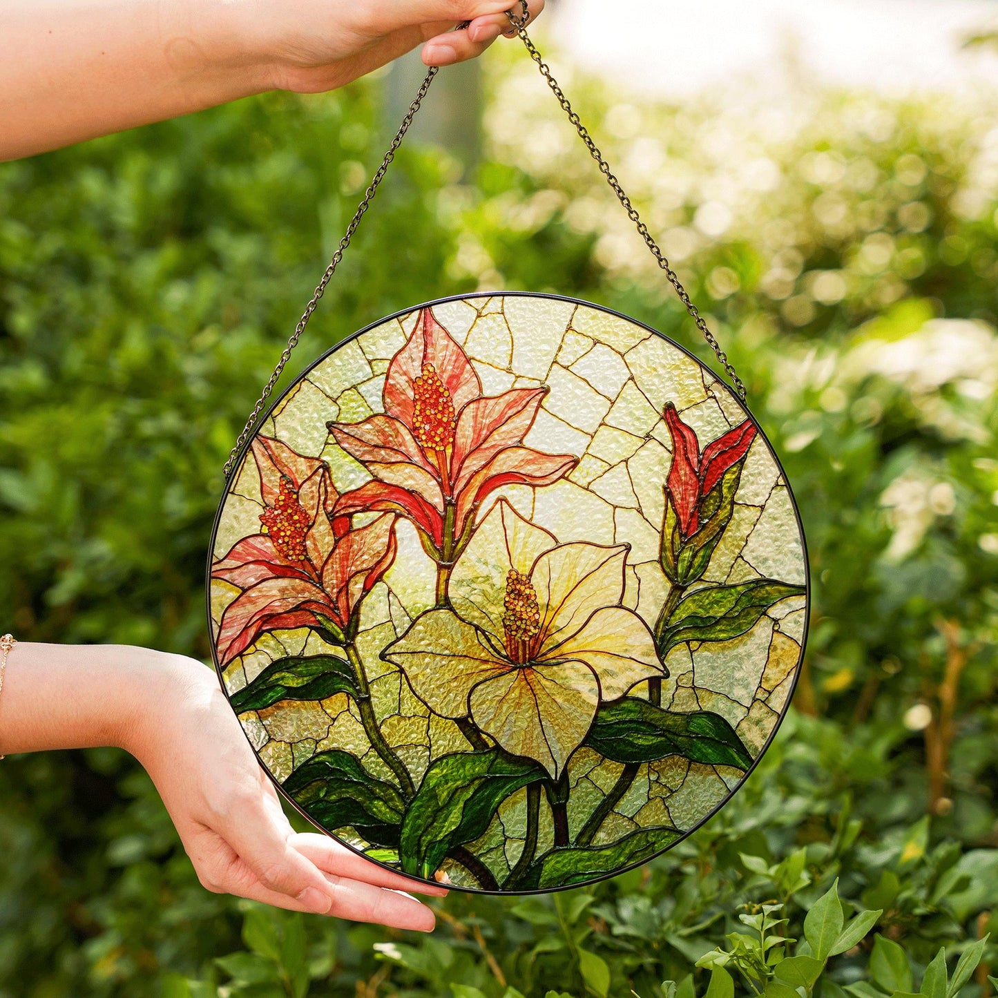 Red lilies and yellow hibiscus floral round stained glass suncatcher gift for garden lovers