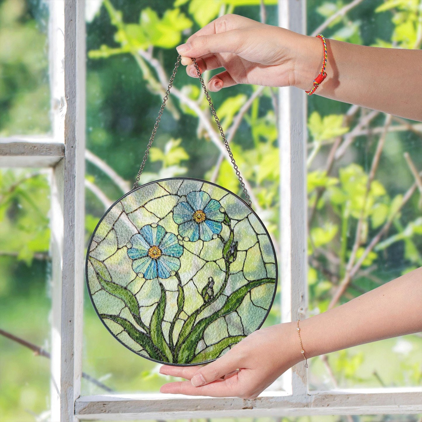 Blue Flower Stained Glass Round Panel Spring Garden Suncatcher Gift for Mom