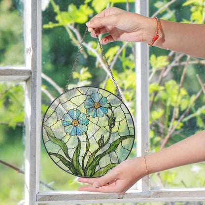 Blue Flower Stained Glass Round Panel Spring Garden Suncatcher Gift for Mom