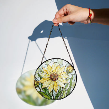 Yellow sunflower stained glass suncatcher with buds hanging window decor gift for garden lovers