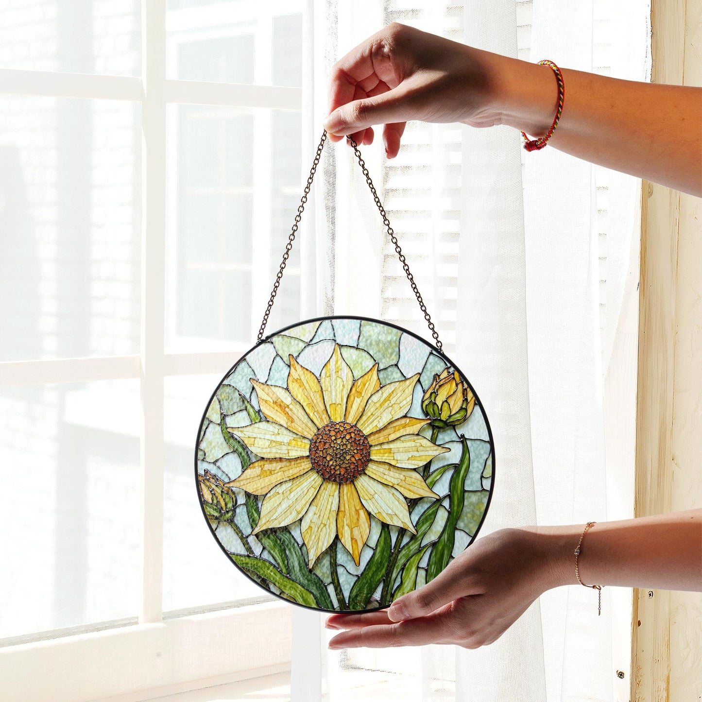 Yellow sunflower stained glass suncatcher with buds hanging window decor gift for garden lovers