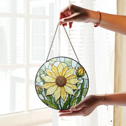 Yellow sunflower stained glass suncatcher with buds hanging window decor gift for garden lovers