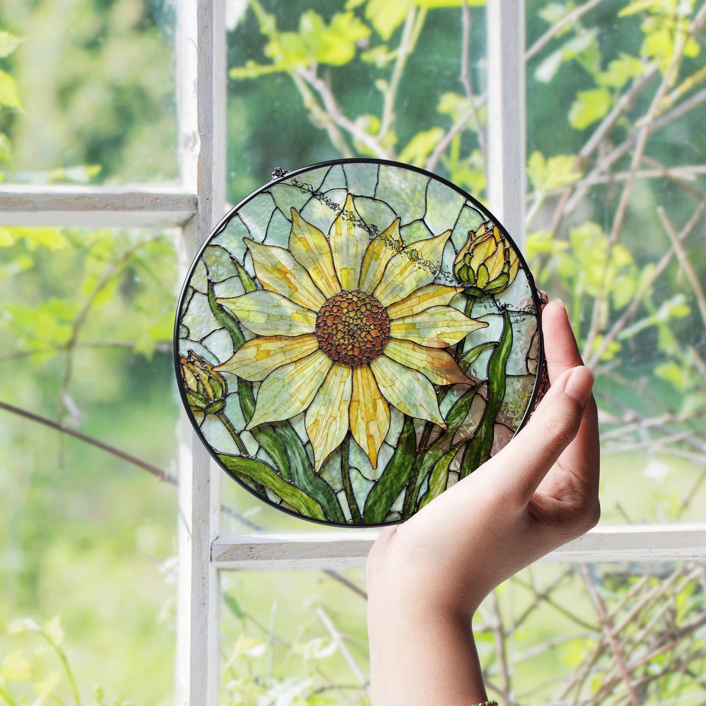 Yellow sunflower stained glass suncatcher with buds hanging window decor gift for garden lovers