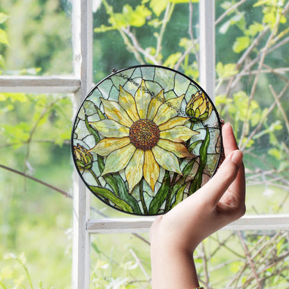 Yellow sunflower stained glass suncatcher with buds hanging window decor gift for garden lovers