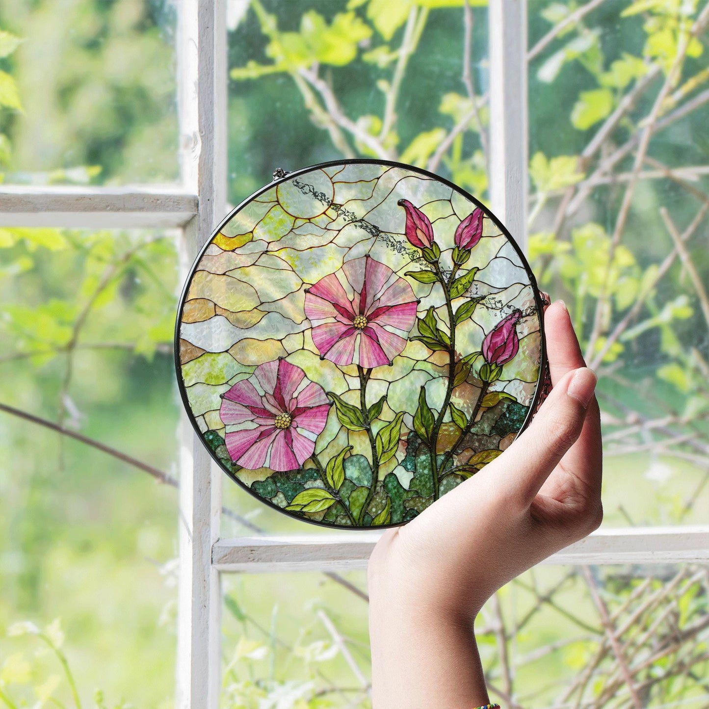 Pink morning glory floral stained glass suncatcher round window decor gift for nature lovers