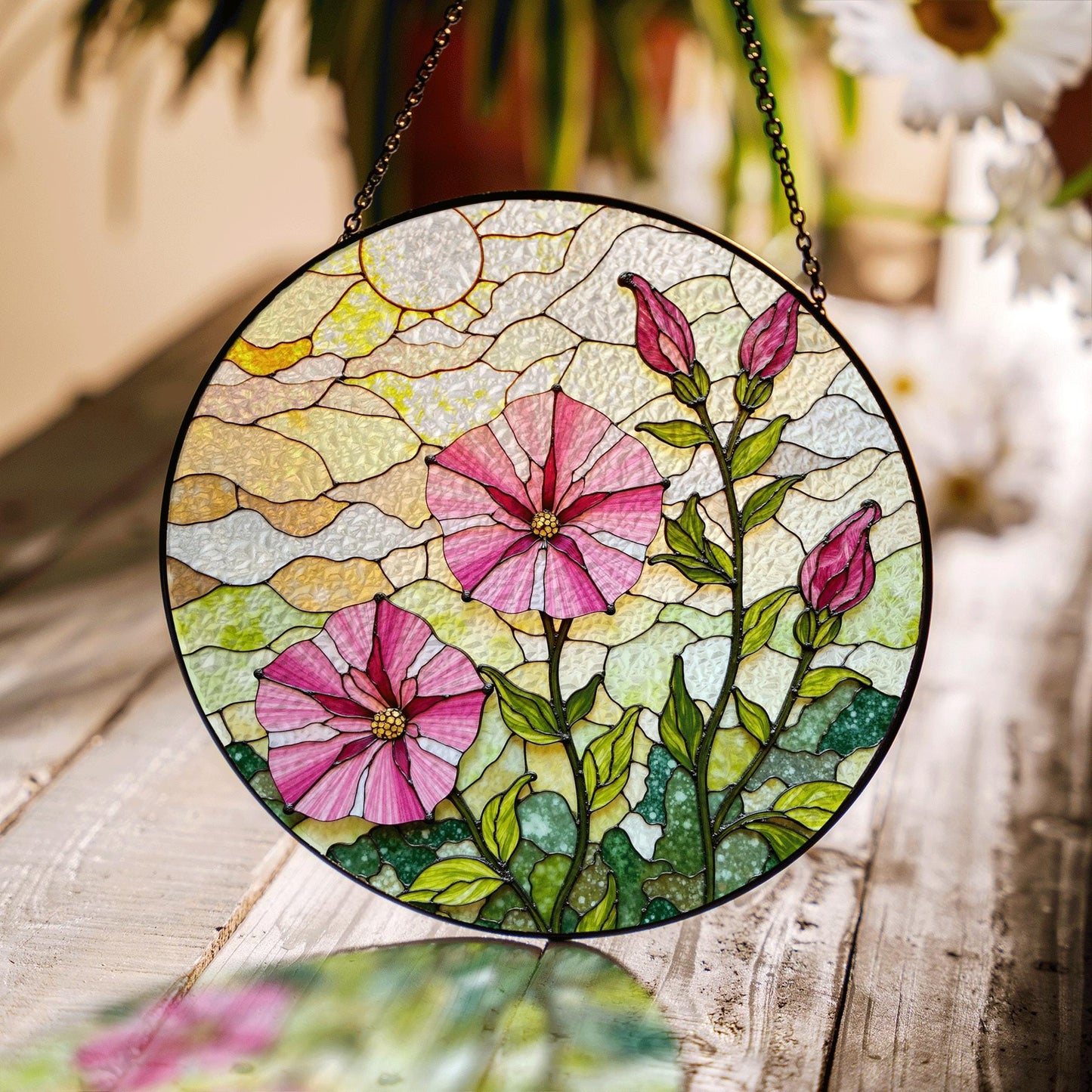 Pink morning glory floral stained glass suncatcher round window decor gift for nature lovers