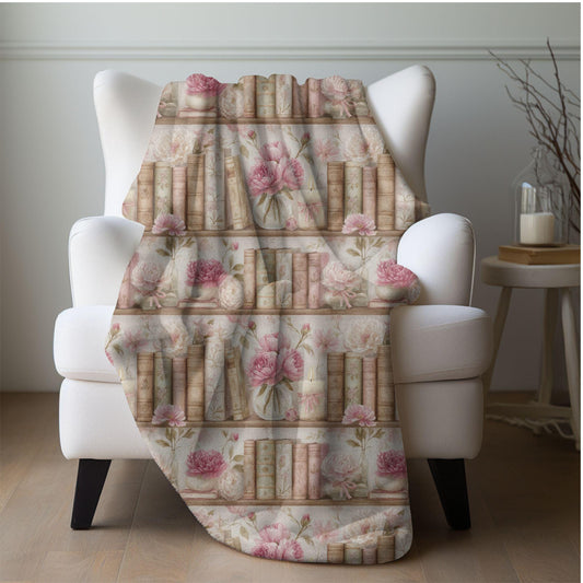 Bookish Coquette Throw Blanket Pastel Floral Bookshelf Fleece Blanket Cozy Cottagecore Pink Bow Reading Nook Home Decor Gift for Bookworm