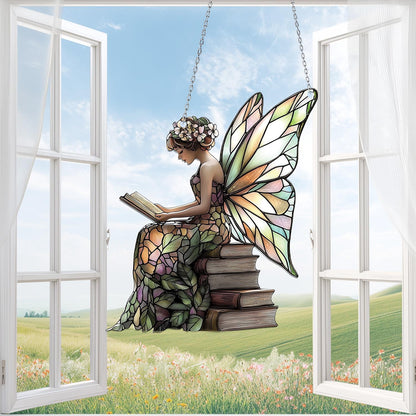 Butterfly Fairy Reading Book Acrylic Window Hanging, Whimsical Fairy Ornament, Book Lovers Gift, Enchanted Forest Gift, Fairy Garden Decor