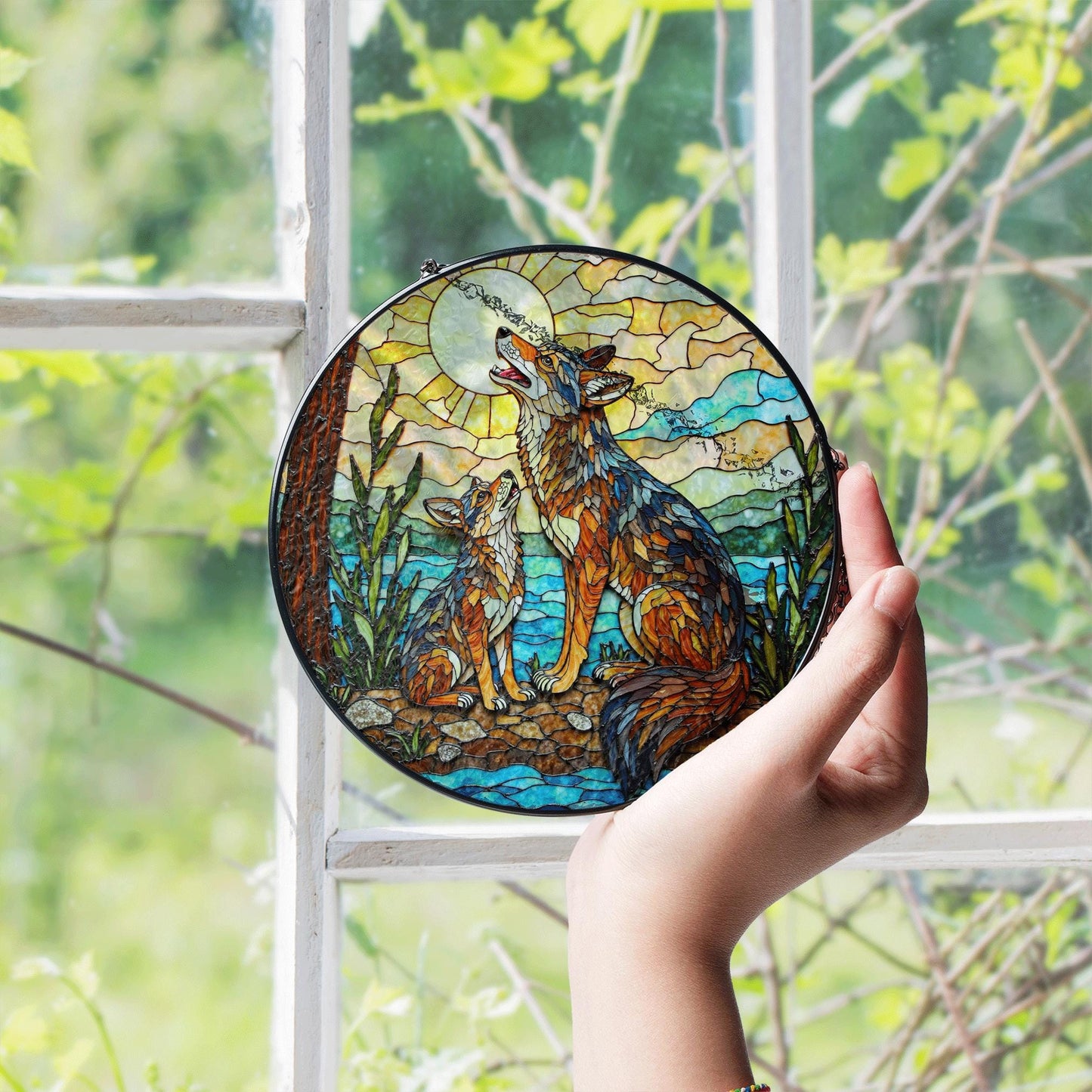 Howling wolves stained glass art round suncatcher for window decor wildlife gift for nature lover dad