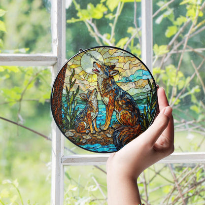 Howling wolves stained glass art round suncatcher for window decor wildlife gift for nature lover dad