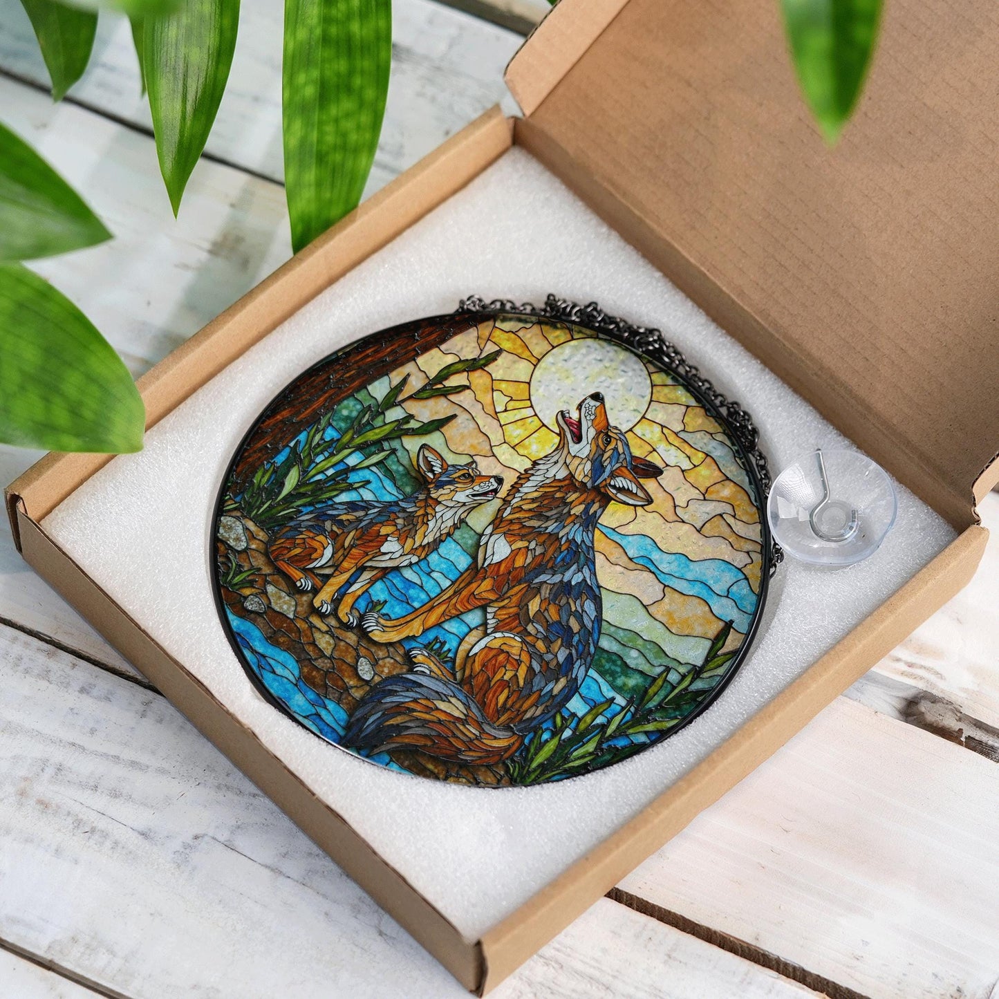 Howling wolves stained glass art round suncatcher for window decor wildlife gift for nature lover dad