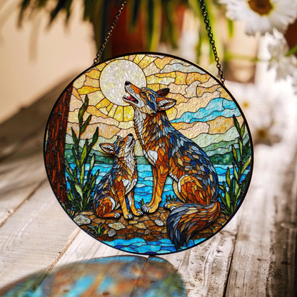 Howling wolves stained glass art round suncatcher for window decor wildlife gift for nature lover dad