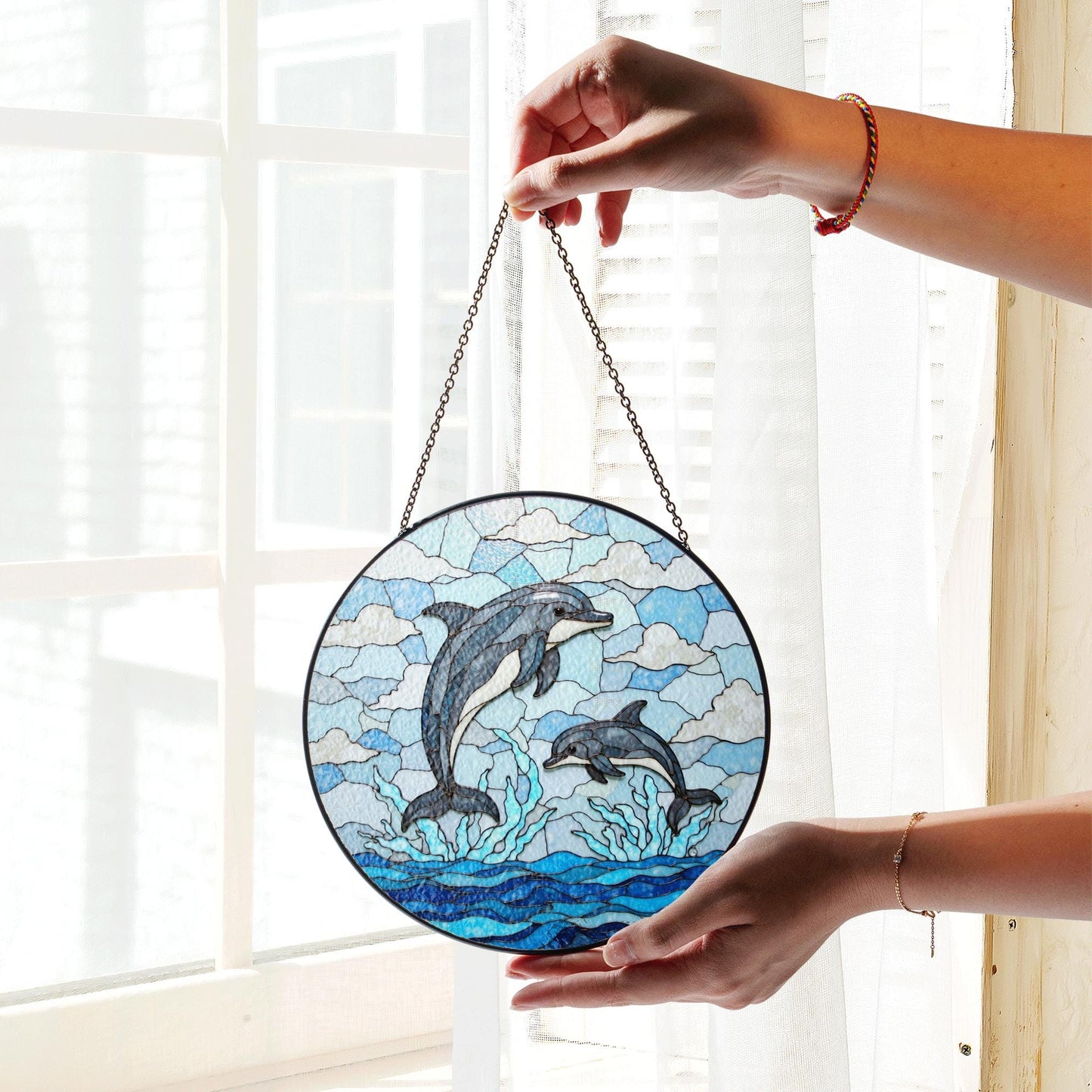 jumping dolphins over ocean waves stained glass suncatcher ocean window decor gift for ocean lover