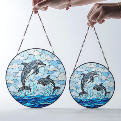 jumping dolphins over ocean waves stained glass suncatcher ocean window decor gift for ocean lover