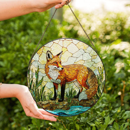vivid red fox in forest stained glass suncatcher woodland animal window decor birthday gift for nature lover