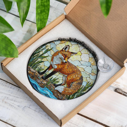 vivid red fox in forest stained glass suncatcher woodland animal window decor birthday gift for nature lover
