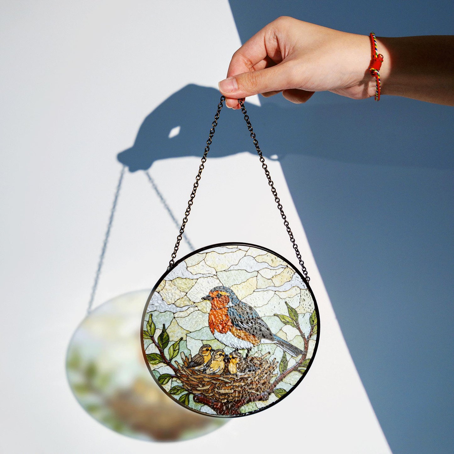 robin feeding nestlings stained glass suncatcher nature window art gift for mom or bird lover