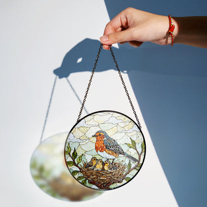robin feeding nestlings stained glass suncatcher nature window art gift for mom or bird lover