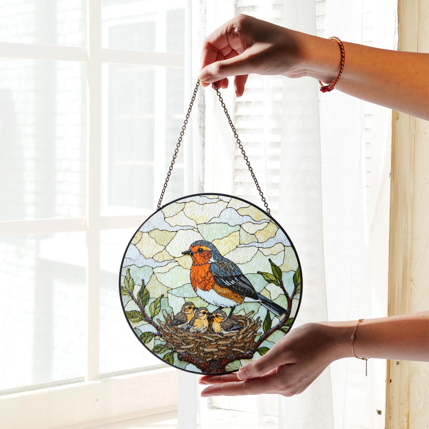 robin feeding nestlings stained glass suncatcher nature window art gift for mom or bird lover