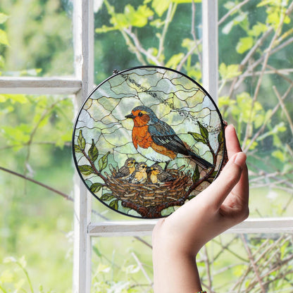 robin feeding nestlings stained glass suncatcher nature window art gift for mom or bird lover