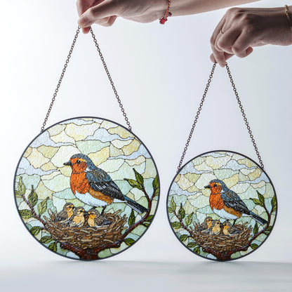 robin feeding nestlings stained glass suncatcher nature window art gift for mom or bird lover