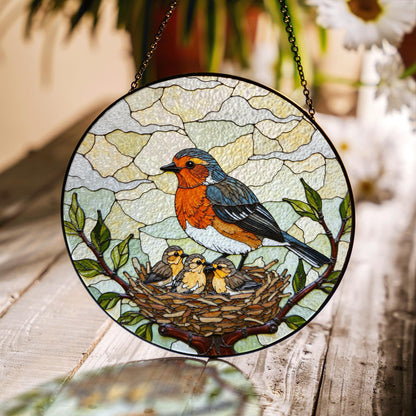 robin feeding nestlings stained glass suncatcher nature window art gift for mom or bird lover