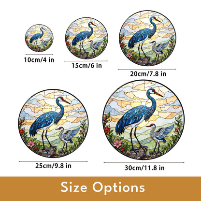crane and chick standing in meadow stained glass suncatcher bird window decor gift for mom or nature lover
