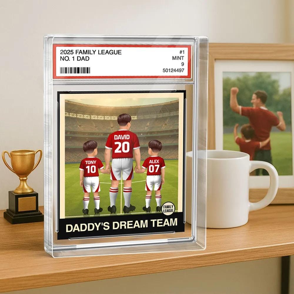Soccer Daddy's Dream Team No. 1 Dad Man & Kids Trading Card Style Personalized Acrylic Block Plaque, Father's Day, Birthday gift for Dad