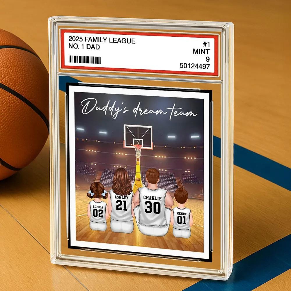 Basketball Daddy's Dream Team No. 1 Dad Man & Kids Sitting Trading Card Style Personalized Acrylic Block Plaque, Father Day Gift for Husband