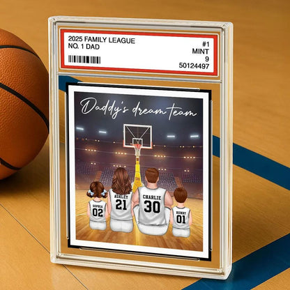 Basketball Daddy's Dream Team No. 1 Dad Man & Kids Sitting Trading Card Style Personalized Acrylic Block Plaque, Father Day Gift for Husband