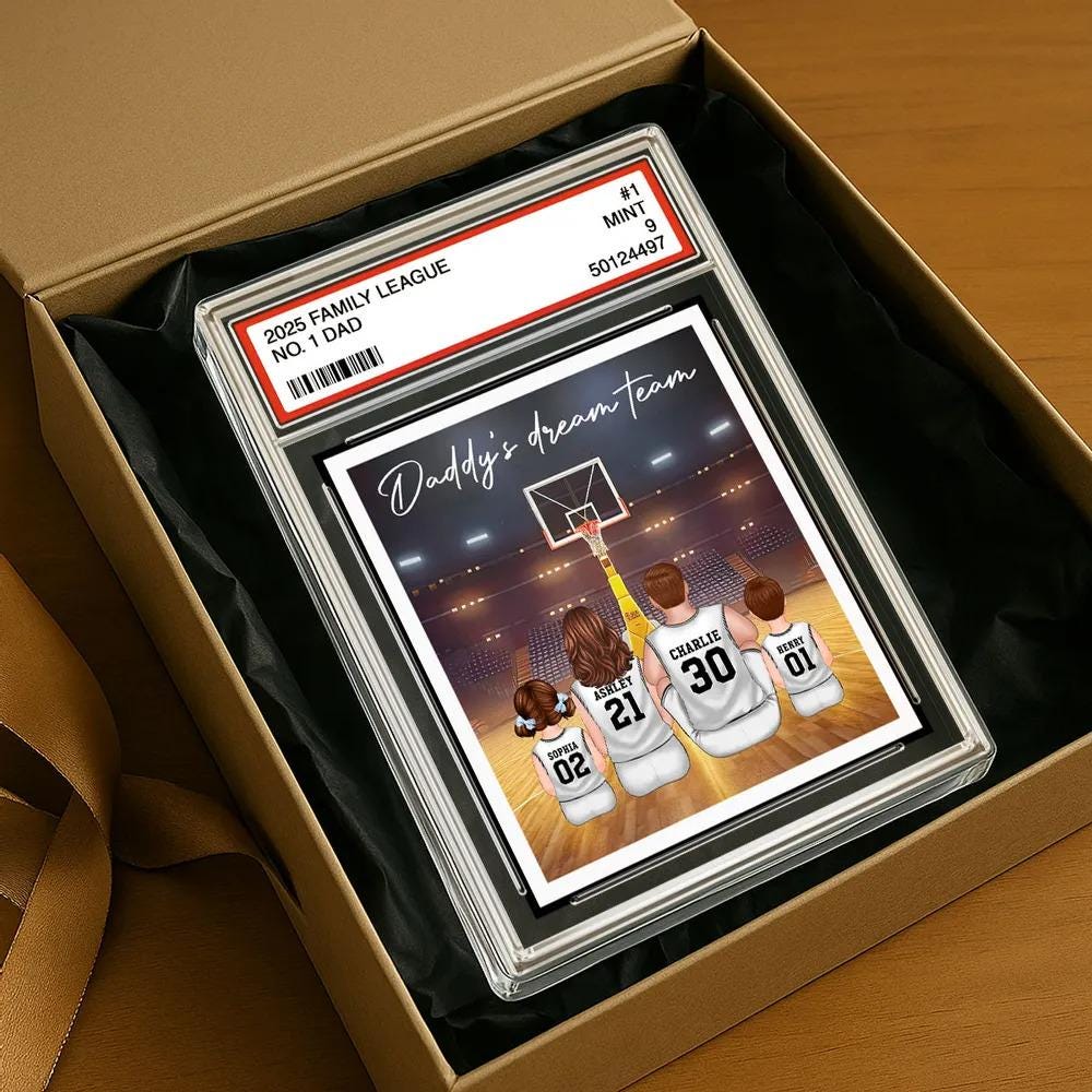 Basketball Daddy's Dream Team No. 1 Dad Man & Kids Sitting Trading Card Style Personalized Acrylic Block Plaque, Father Day Gift for Husband