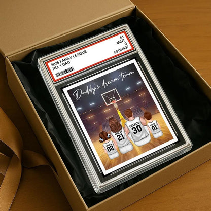 Basketball Daddy's Dream Team No. 1 Dad Man & Kids Sitting Trading Card Style Personalized Acrylic Block Plaque, Father Day Gift for Husband