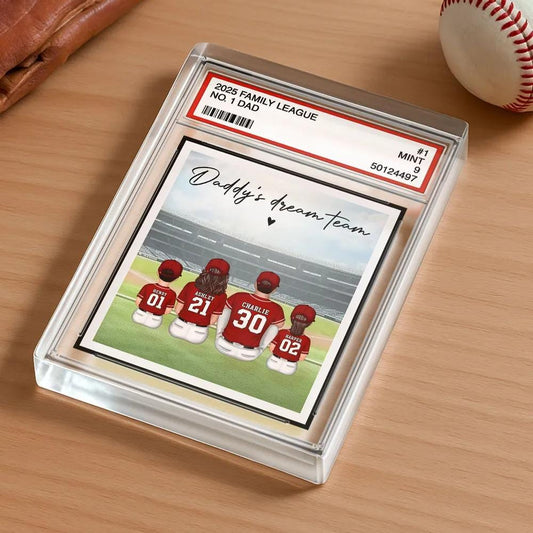 Baseball No. 1 Dad Man & Kids Sitting Trading Card Style Personalized Acrylic Block Plaque, Fathers Day Gifts for Husband, Dad, Papa, Father