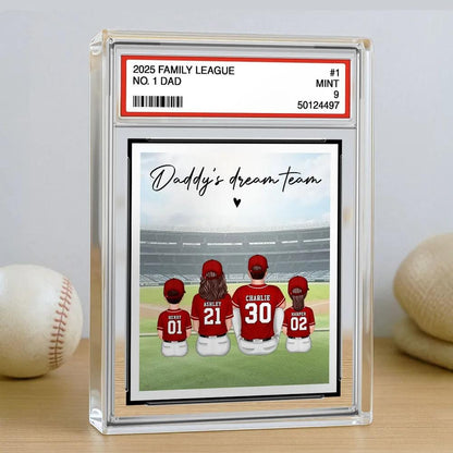 Baseball No. 1 Dad Man & Kids Sitting Trading Card Style Personalized Acrylic Block Plaque, Fathers Day Gifts for Husband, Dad, Papa, Father