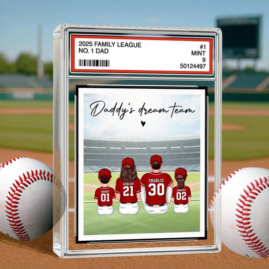 Baseball No. 1 Dad Man & Kids Sitting Trading Card Style Personalized Acrylic Block Plaque, Fathers Day Gifts for Husband, Dad, Papa, Father