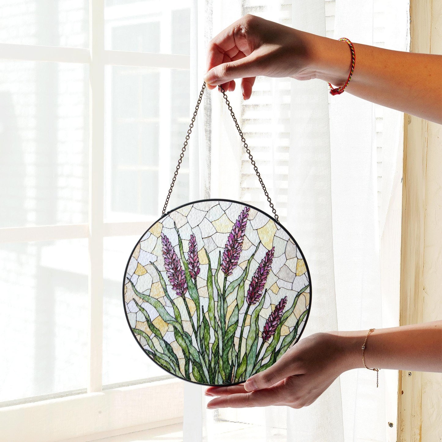 Lavender flowers field stained glass suncatcher handmade window art gift for gardener mom