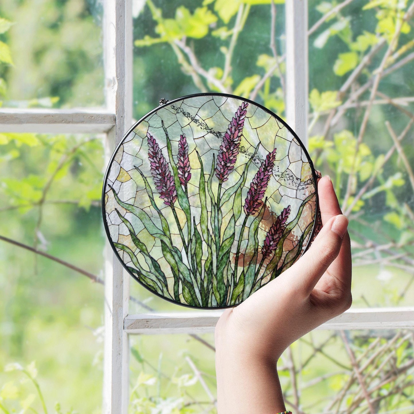 Lavender flowers field stained glass suncatcher handmade window art gift for gardener mom