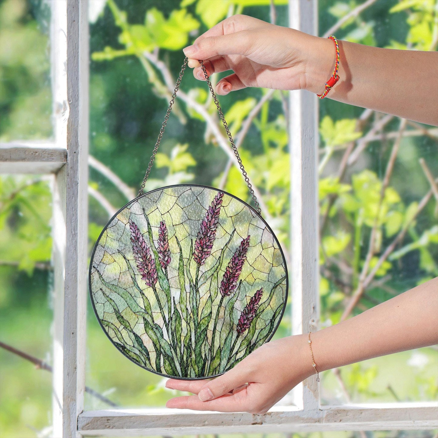 Lavender flowers field stained glass suncatcher handmade window art gift for gardener mom