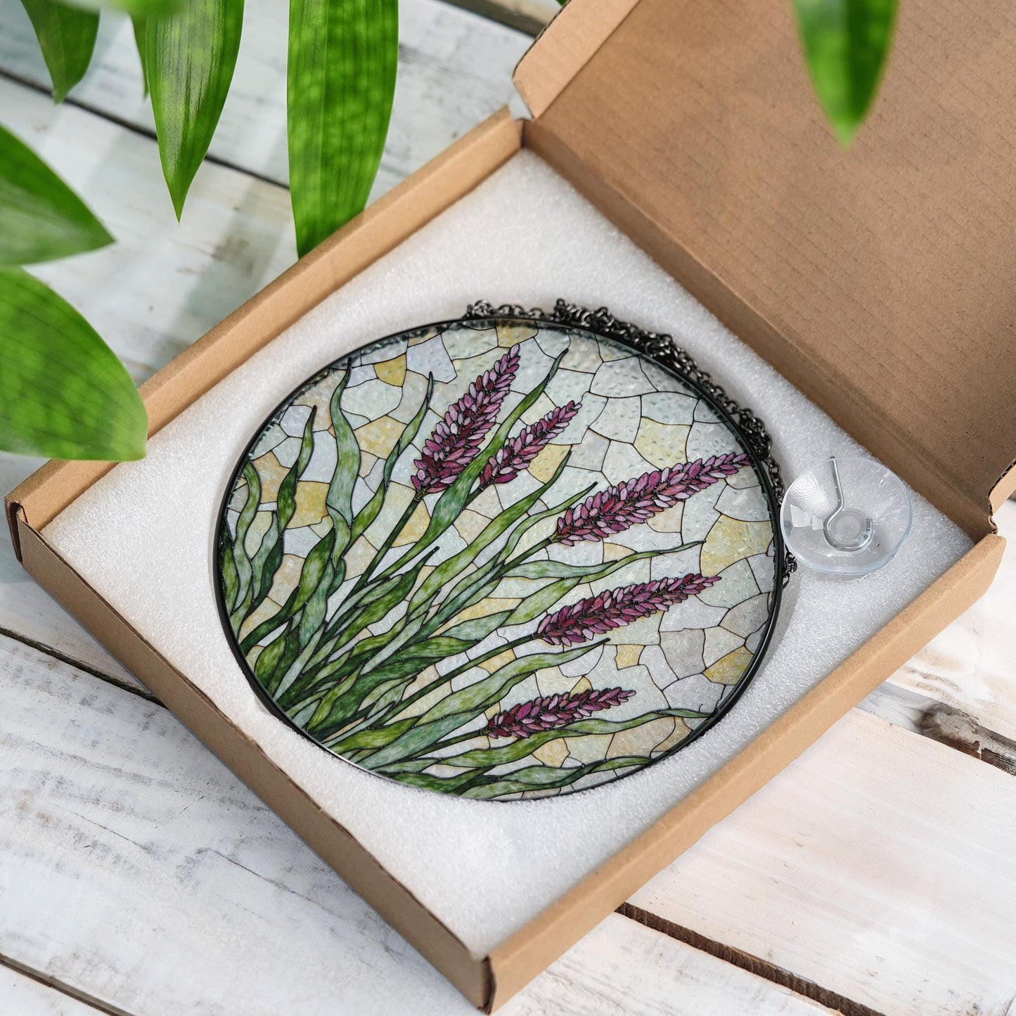 Lavender flowers field stained glass suncatcher handmade window art gift for gardener mom