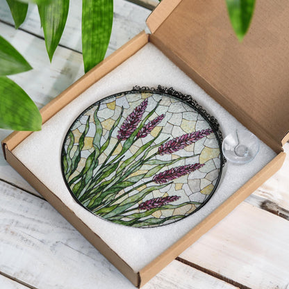 Lavender flowers field stained glass suncatcher handmade window art gift for gardener mom